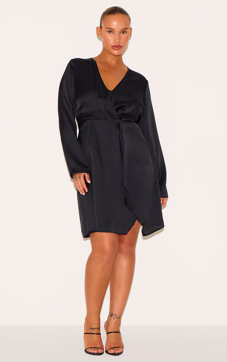 Plus Black Satin Long Sleeve Wrap Dress