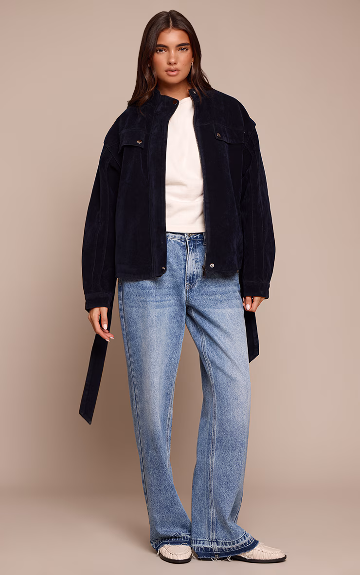 Navy Faux Suede Belted Drop Waist Jacket
