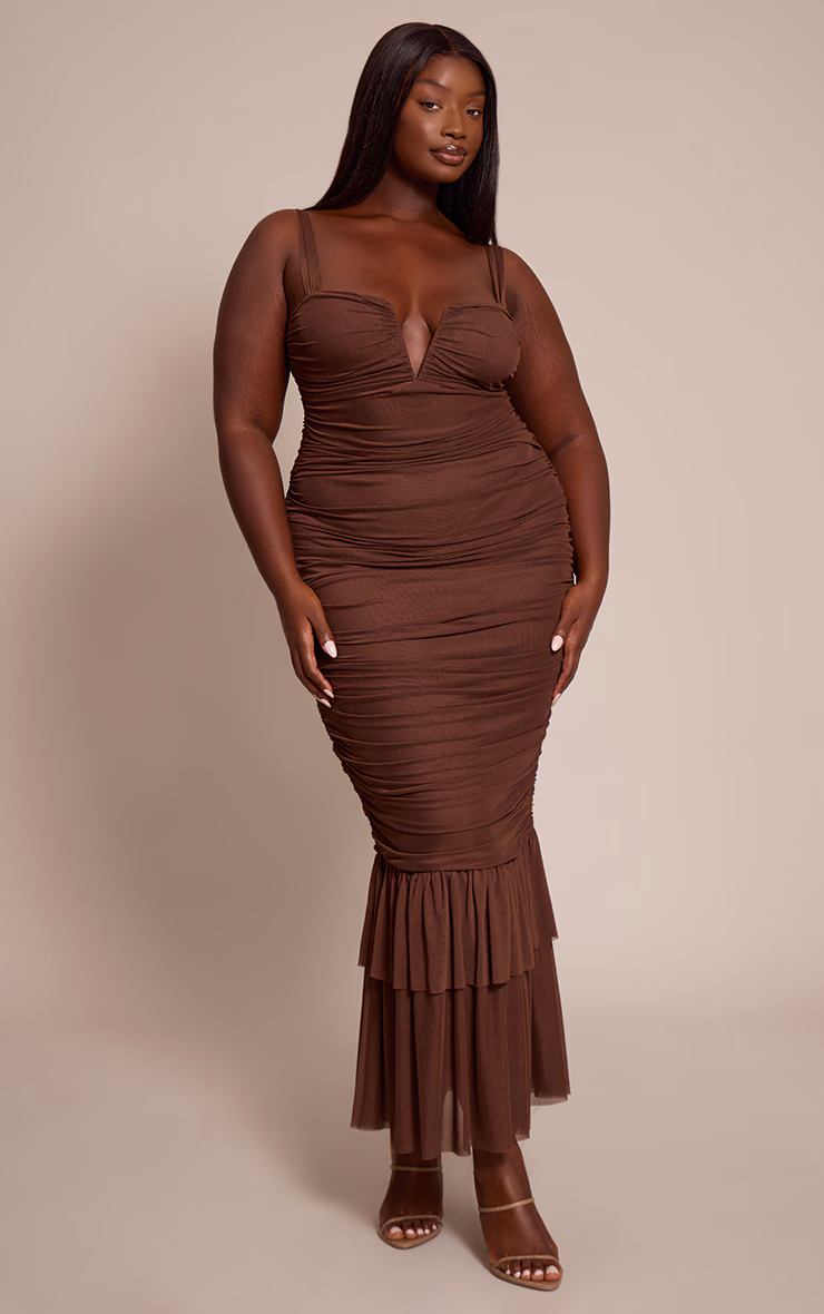 Plus Chocolate Mesh Plunge Neck Ruched Midaxi Dress