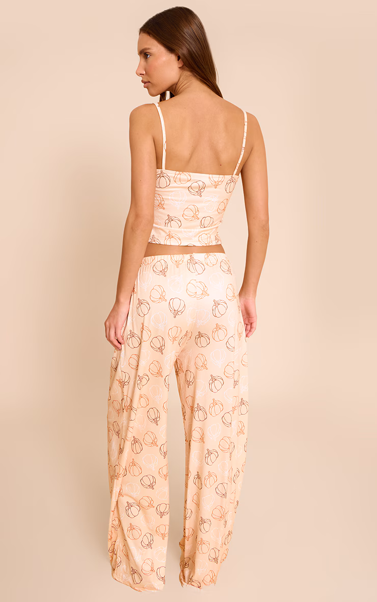 Beige Pumpkin Printed Cami and Wide Leg Pant PJ Set