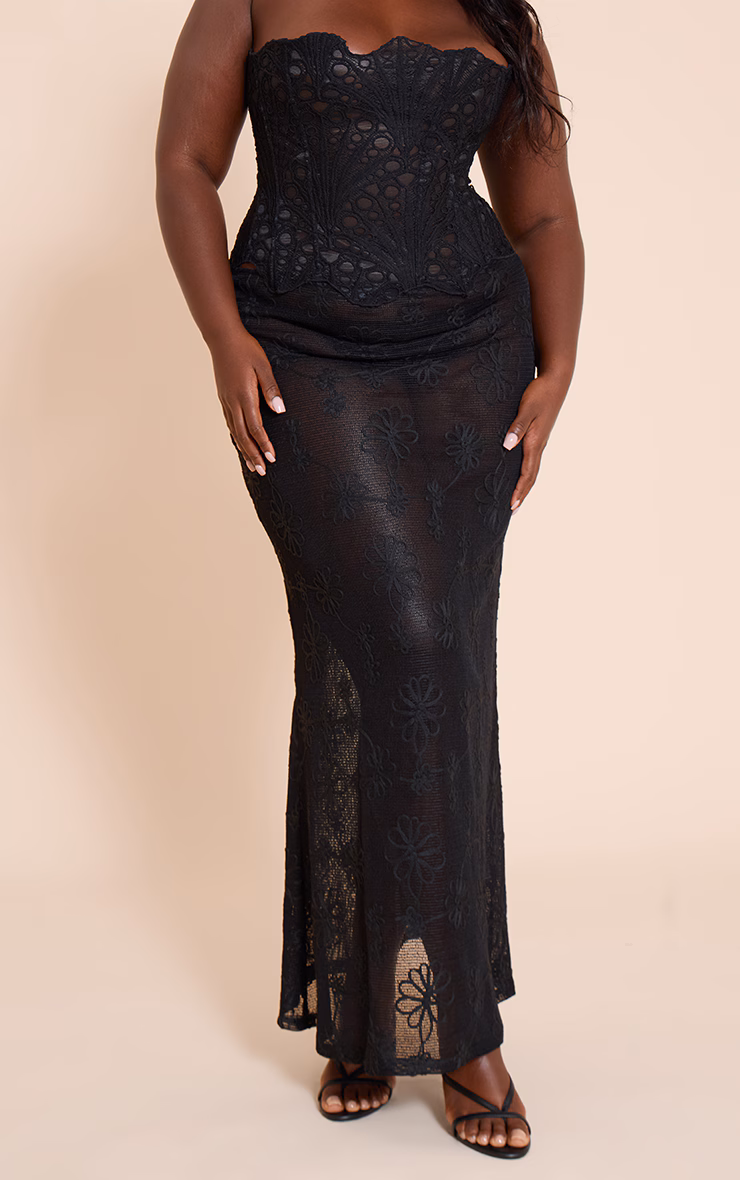 Plus Black Flower Detail Sheer Maxi Skirt