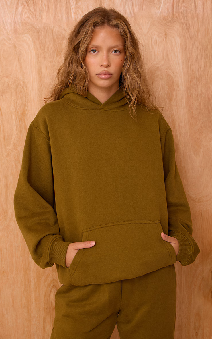 Olive Cotton Fleece Oversized Pull Over Hoodie