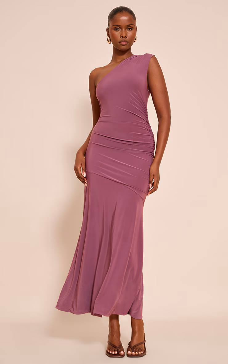 Mauve Double Layer Slinky One Shoulder Ruched Drop Hem Maxi Dress