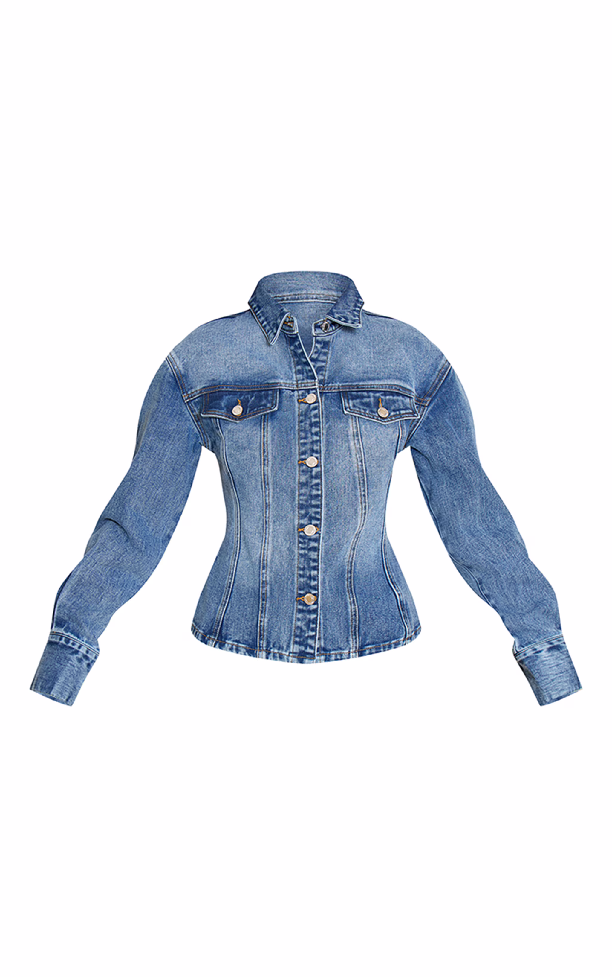 Mid Blue Wash Long Sleeve Cinch Waist Denim Jacket