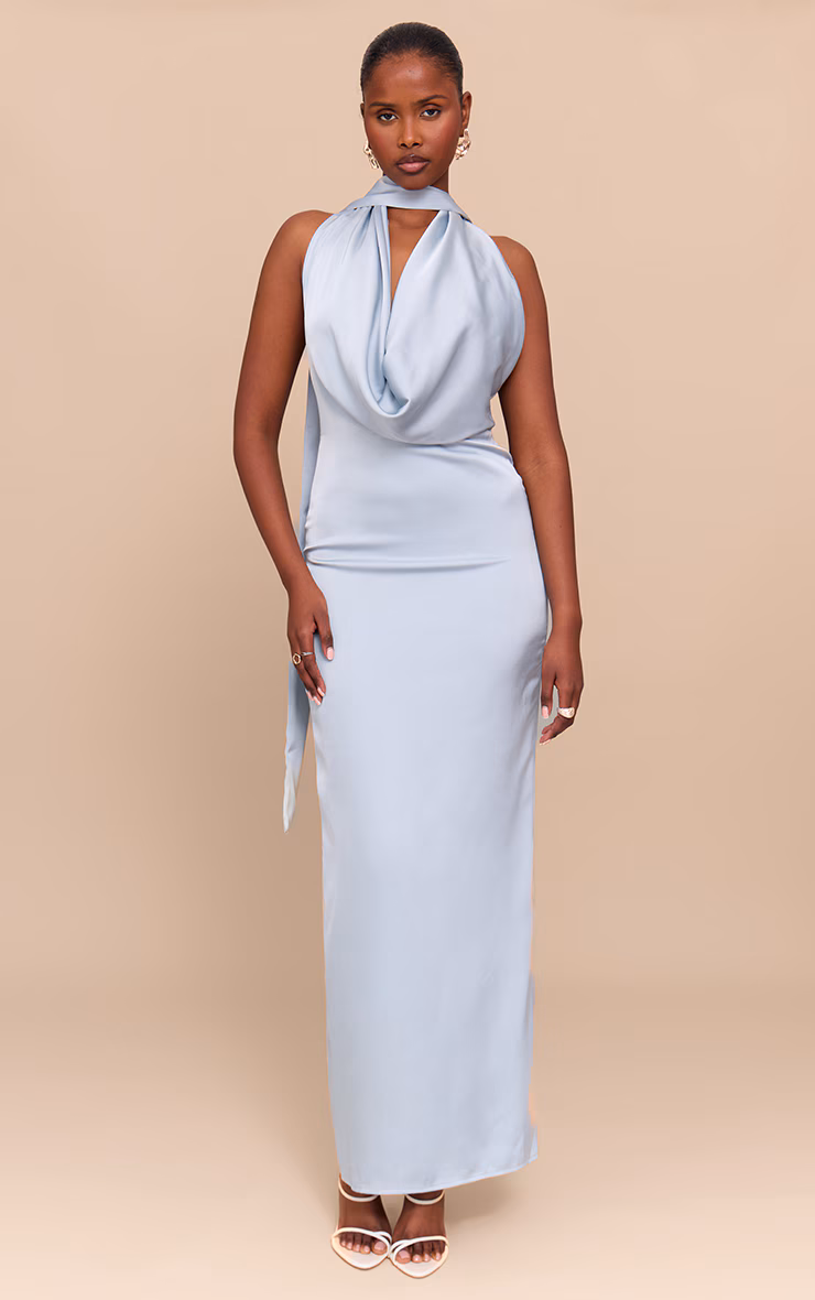 Baby Blue Satin Cowl Neck Drape Maxi Dress