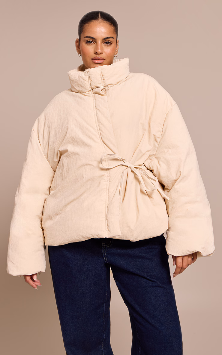 Plus Cream High Neck Tie Waist Quilted Jacket