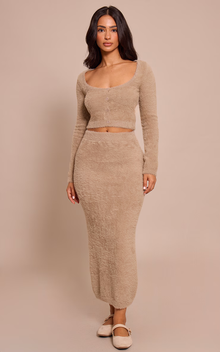 Petite Beige Fluffy Knit Low Waist Maxi Skirt