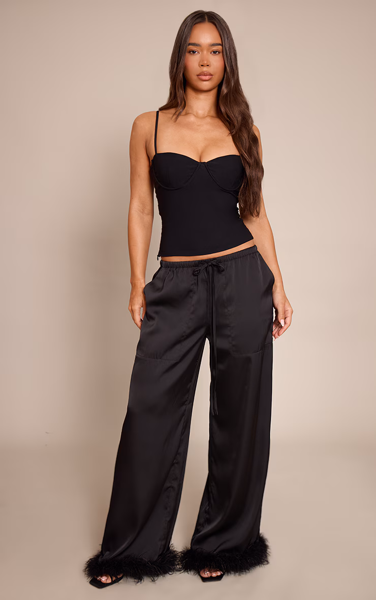 Black Satin Low Rise Wide Leg Drawstring Feather Hem Pants