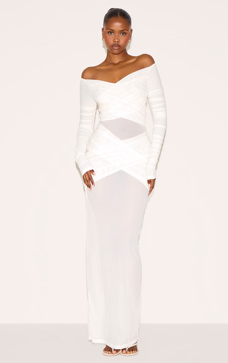 Cream Bandage Mesh Bardot Layered Ruched Maxi Dress