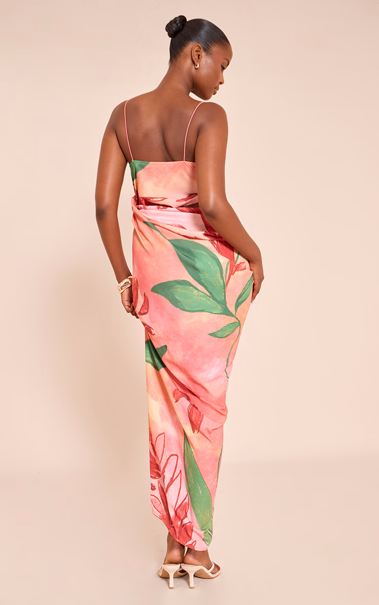 Orange Floral Chiffon Drape Cut Out Midaxi Dress