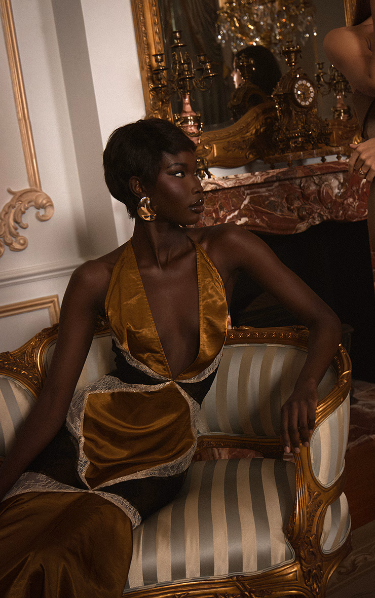 Golden Olive Lace Panelled Strappy Fishtail Maxi Dress