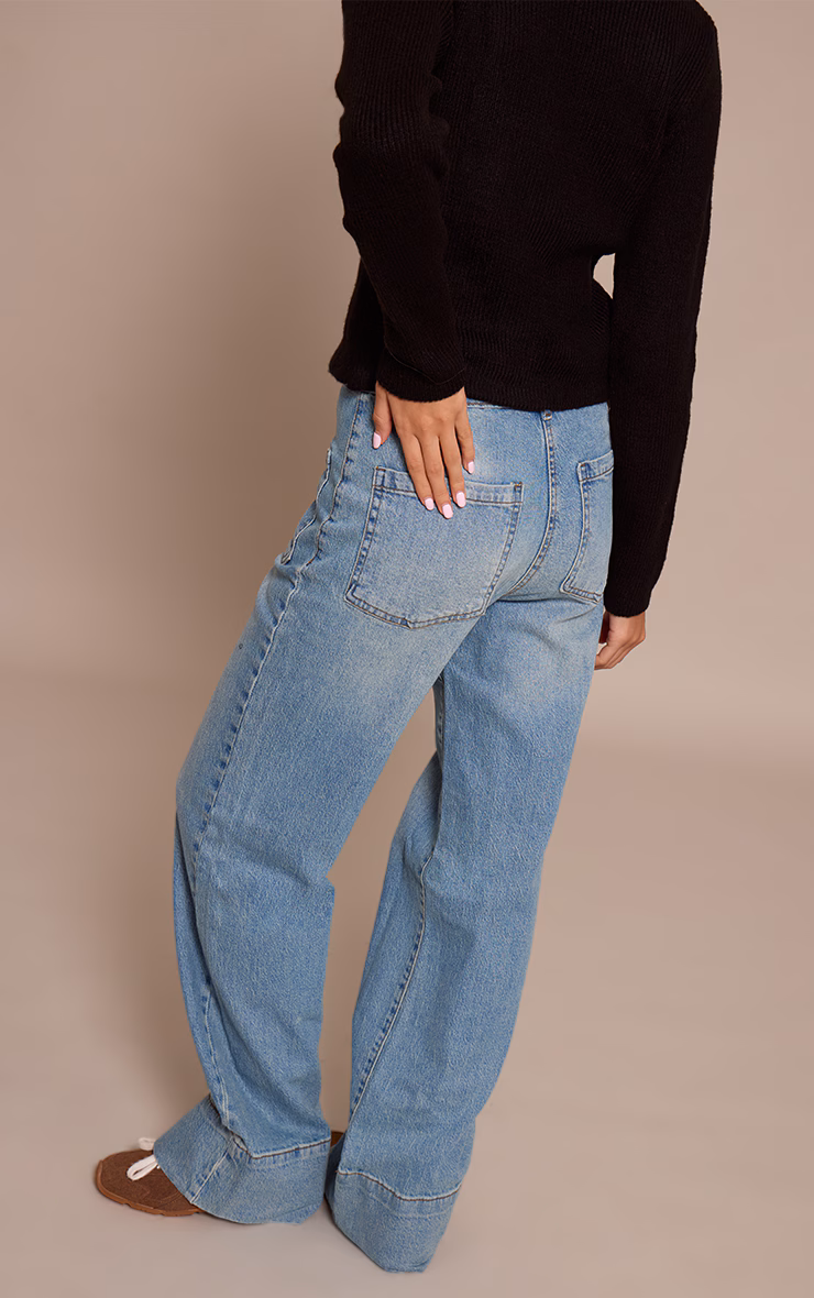 Mid Blue Wash Hem Seam Detail Front Pocket Jeans