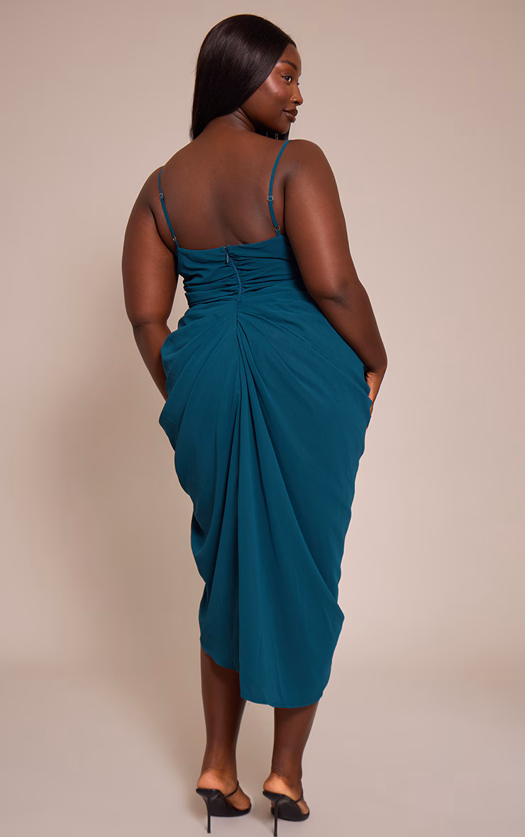 Plus Emerald Green Chiffon Ruched Drape Midi Dress