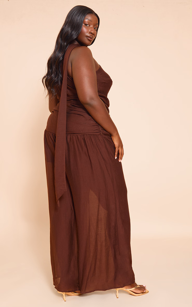 Plus Chocolate Textured One Shoulder Scarf Detail Jumpsuit