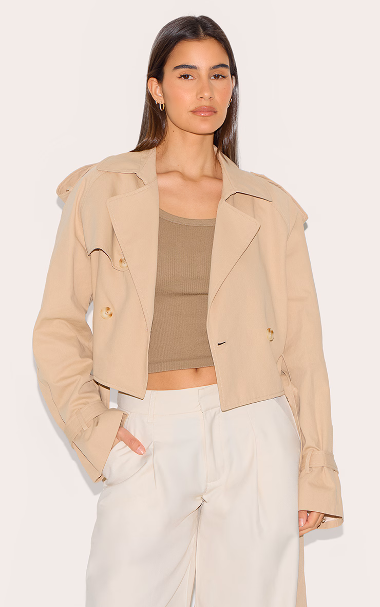 Beige Cropped Belted Hem Trench Coat