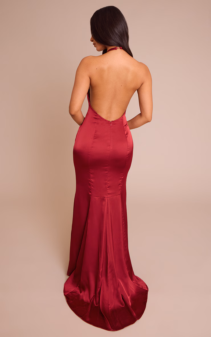 Petite Wine Seam Detail Halterneck Satin Maxi Dress