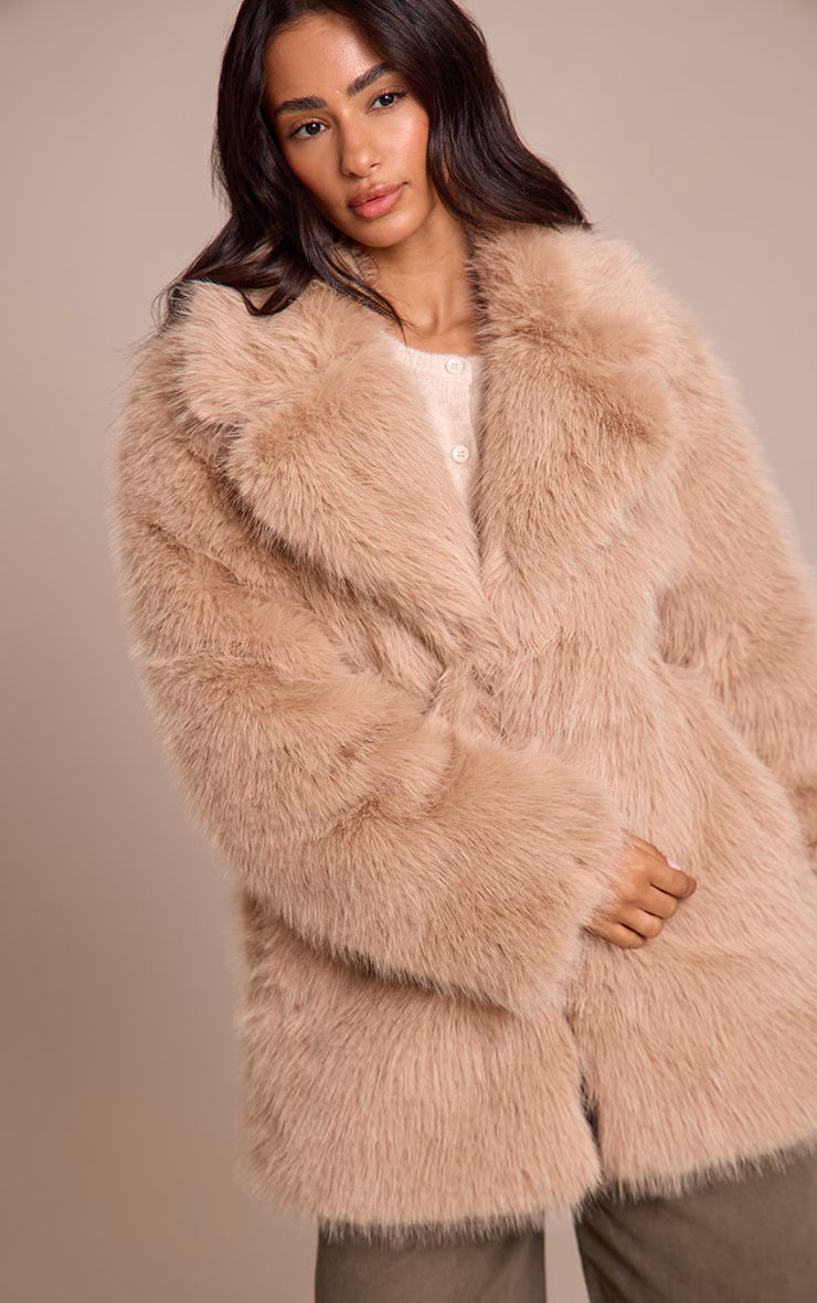 Petite Beige Oversized Midi Faux Fur Coat