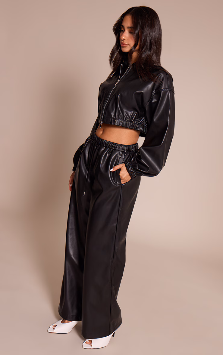Petite Black Faux Leather Elasticated Wide Leg Pants