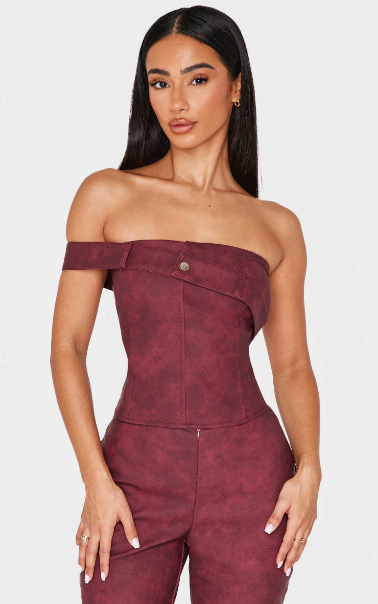 Petite Burgundy Faux Leather Strap Foldover Detail Top
