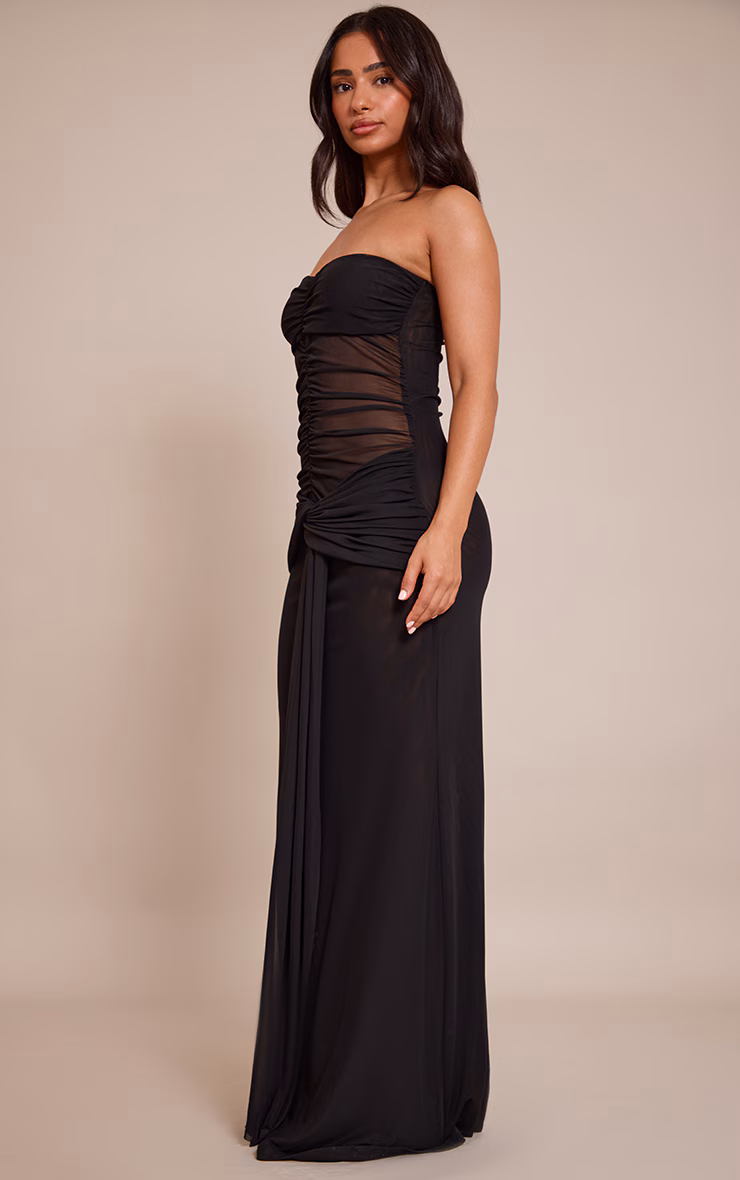 Petite Black Ruched Drape Bandeau Maxi Dress