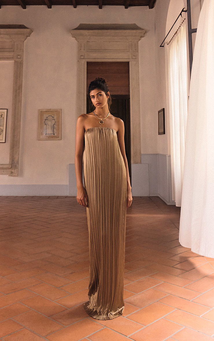 PLT Label Gold Plisse Satin Column Bandeau Maxi Dress