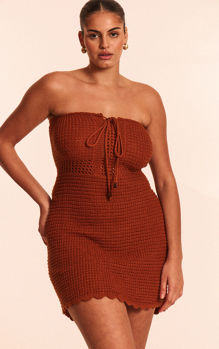 Plus Burnt Orange Burnt Orange Crochet Knit Bandeau Front Tie Mini Dress