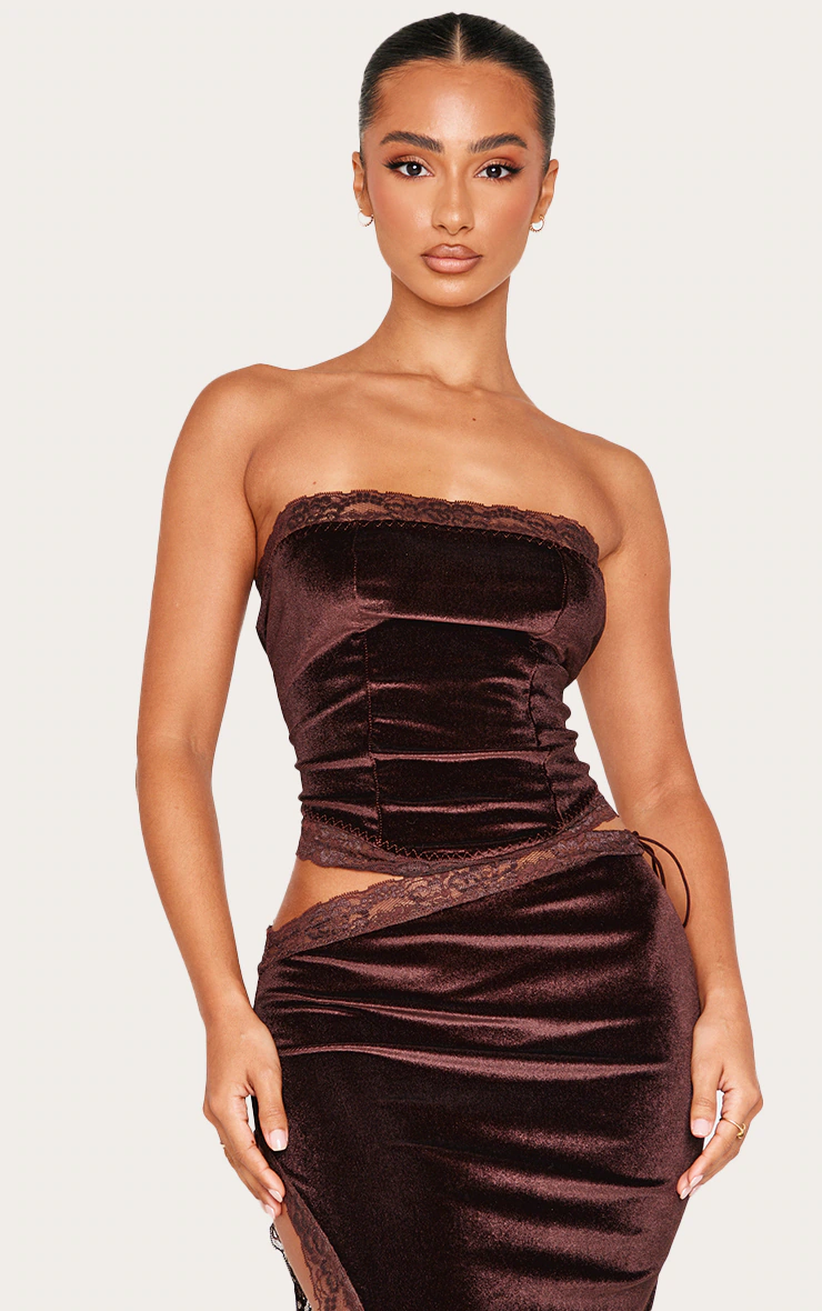 Petite Chocolate Velvet Lace Trim Detail Bandeau Top
