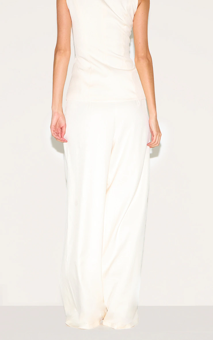 Cream Tailored Woven Pleated Wide Leg Pants
