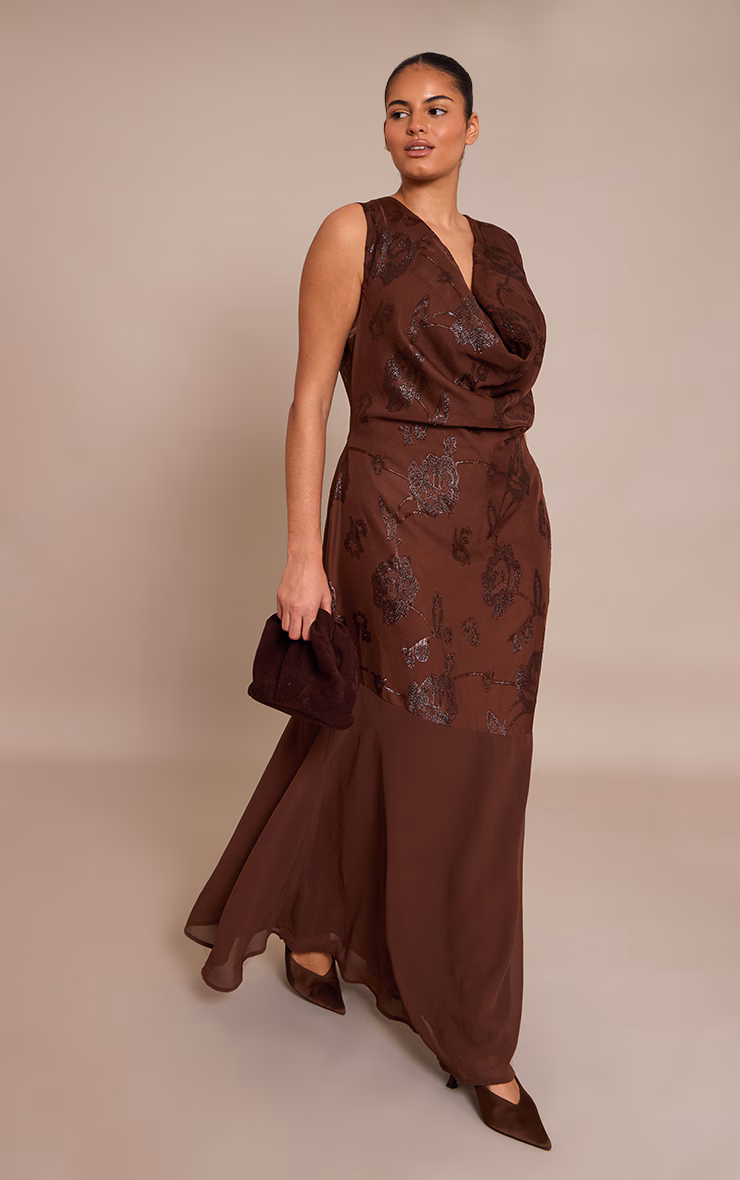Plus Chocolate Floral Applique Cowl Neck Maxi Dress