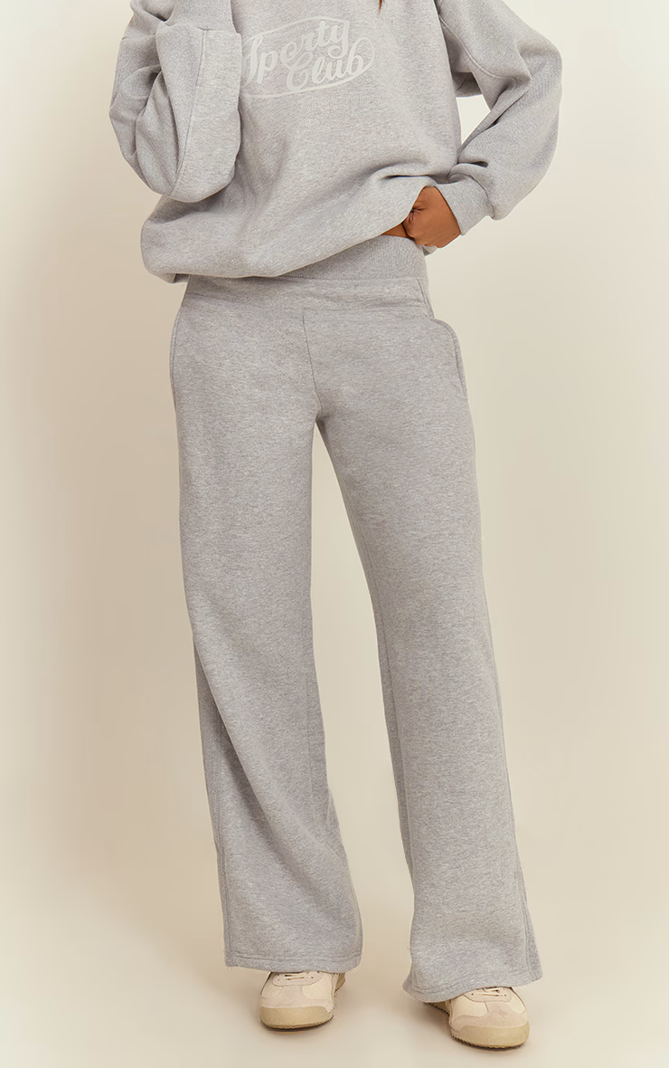 Grey Marl Rib Panel Wide Leg Sweatpants