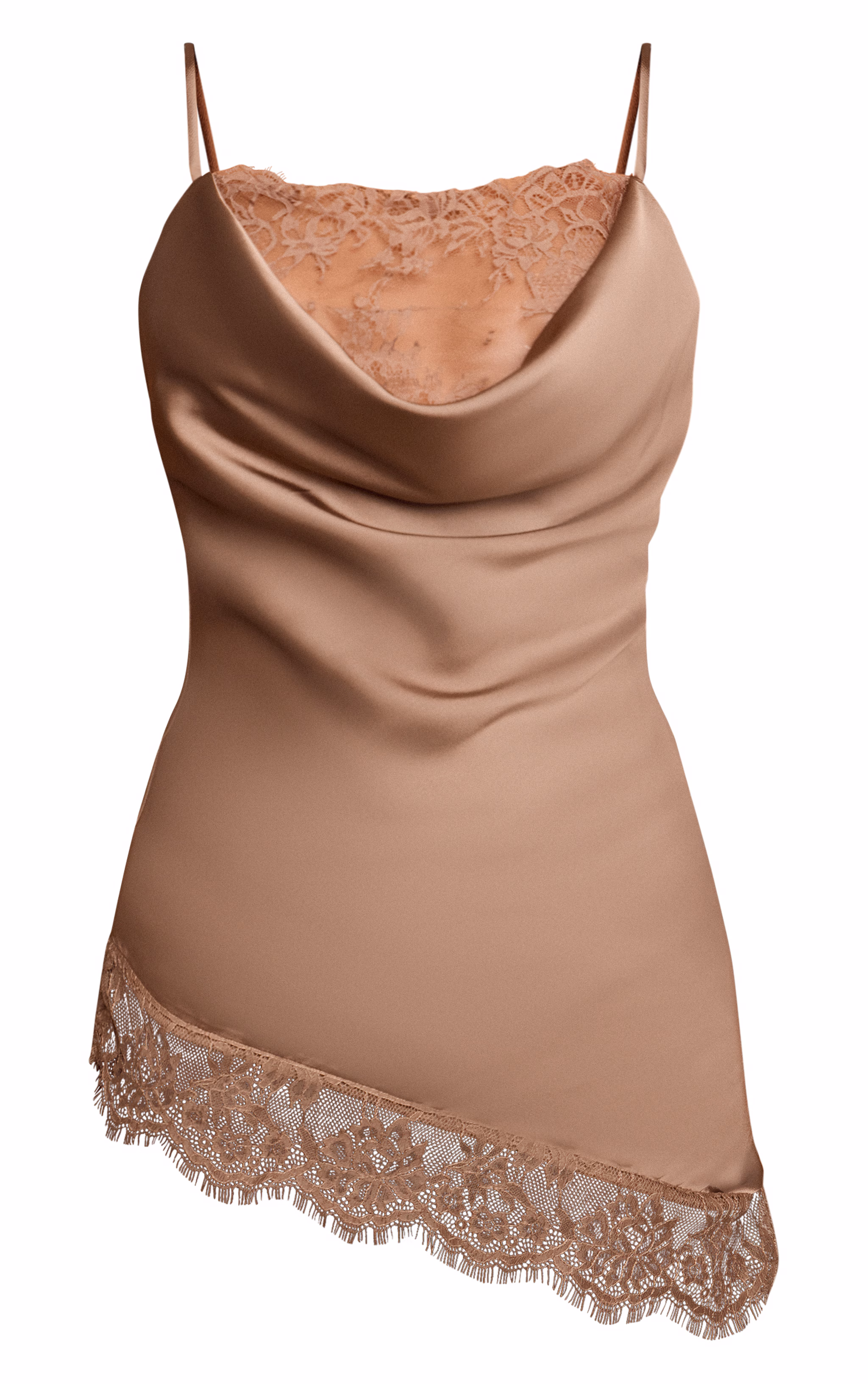 Mushroom Lace Trim Satin Cowl Asymmetric Top