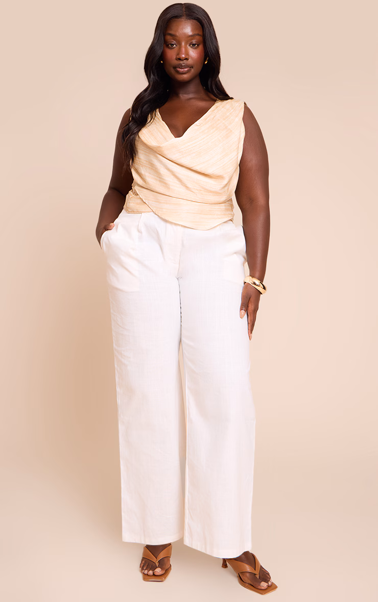 Plus Beige Stripe Matte Satin Trim Drape Detail Cowl Top