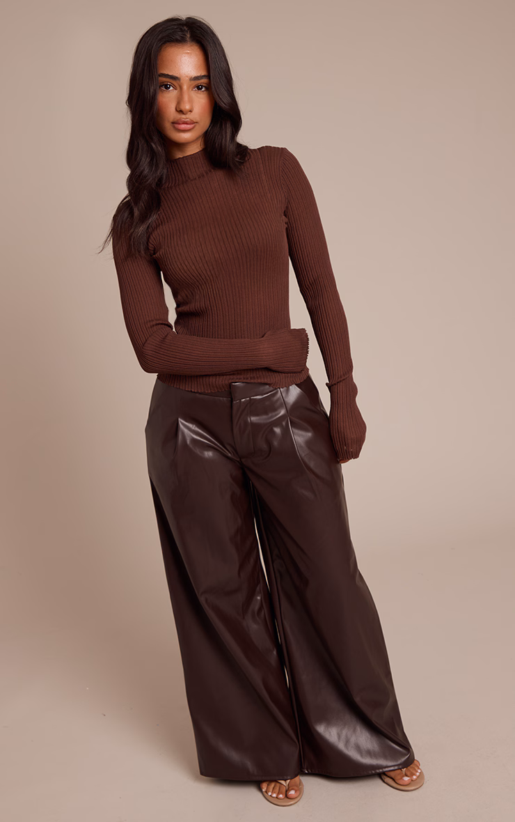 Petite Chocolate Pleated Faux Leather Pants