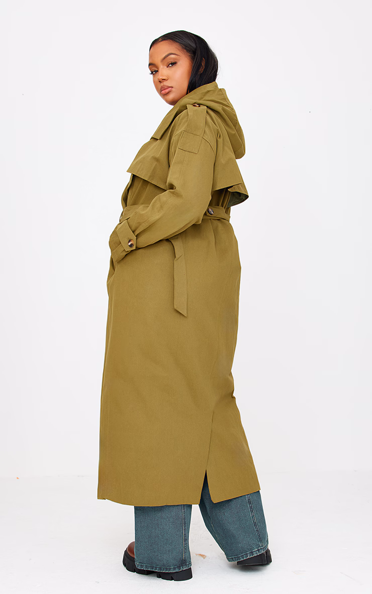 Plus Khaki Woven Hooded Oversized Trench Coat