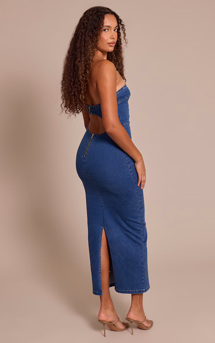 Tall Indigo Vintage Wash Bandeau Stretch Denim Midaxi Dress
