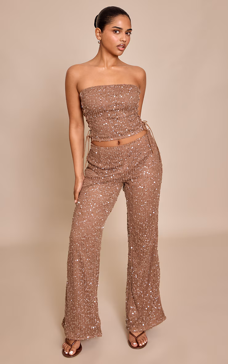 Petite Chocolate Sequin Textured Flare Pants