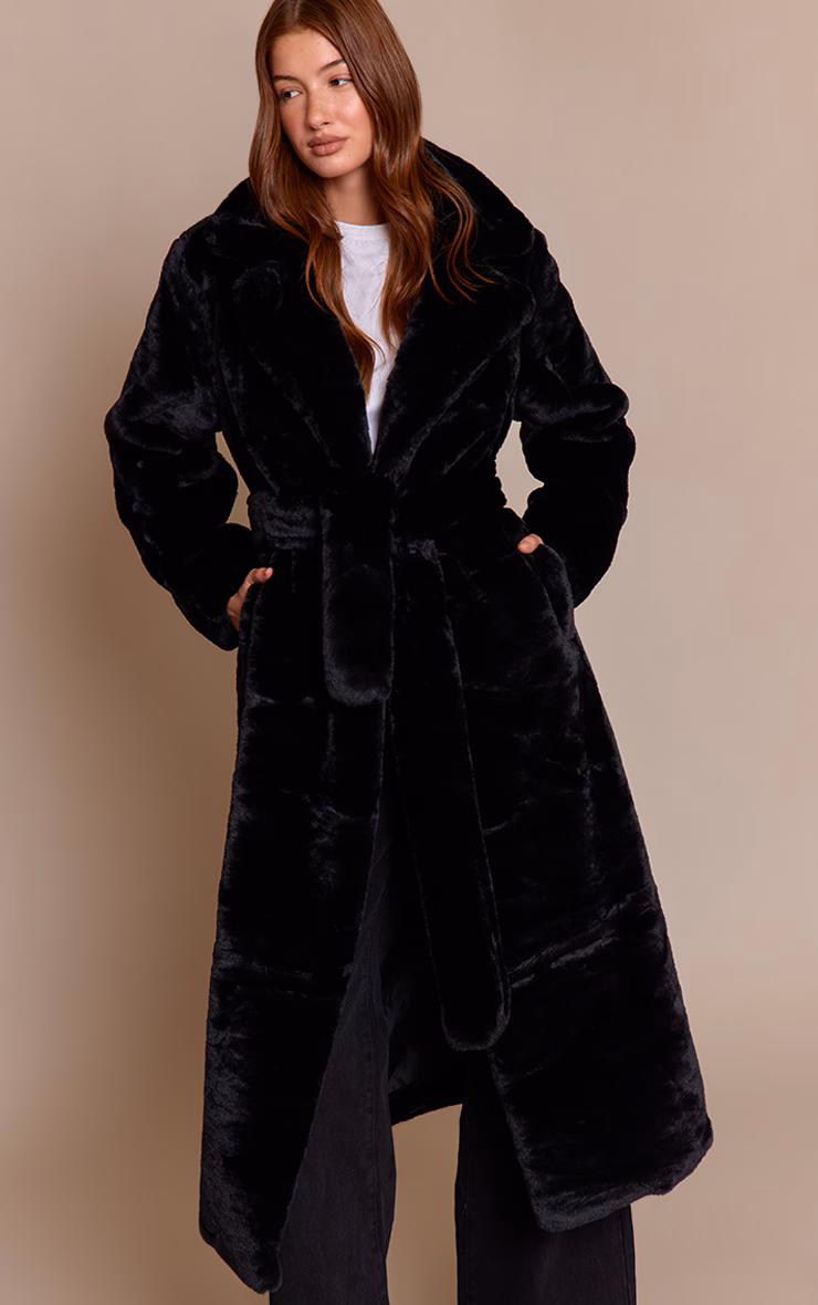 Black Faux Fur Tie Waist Maxi Coat