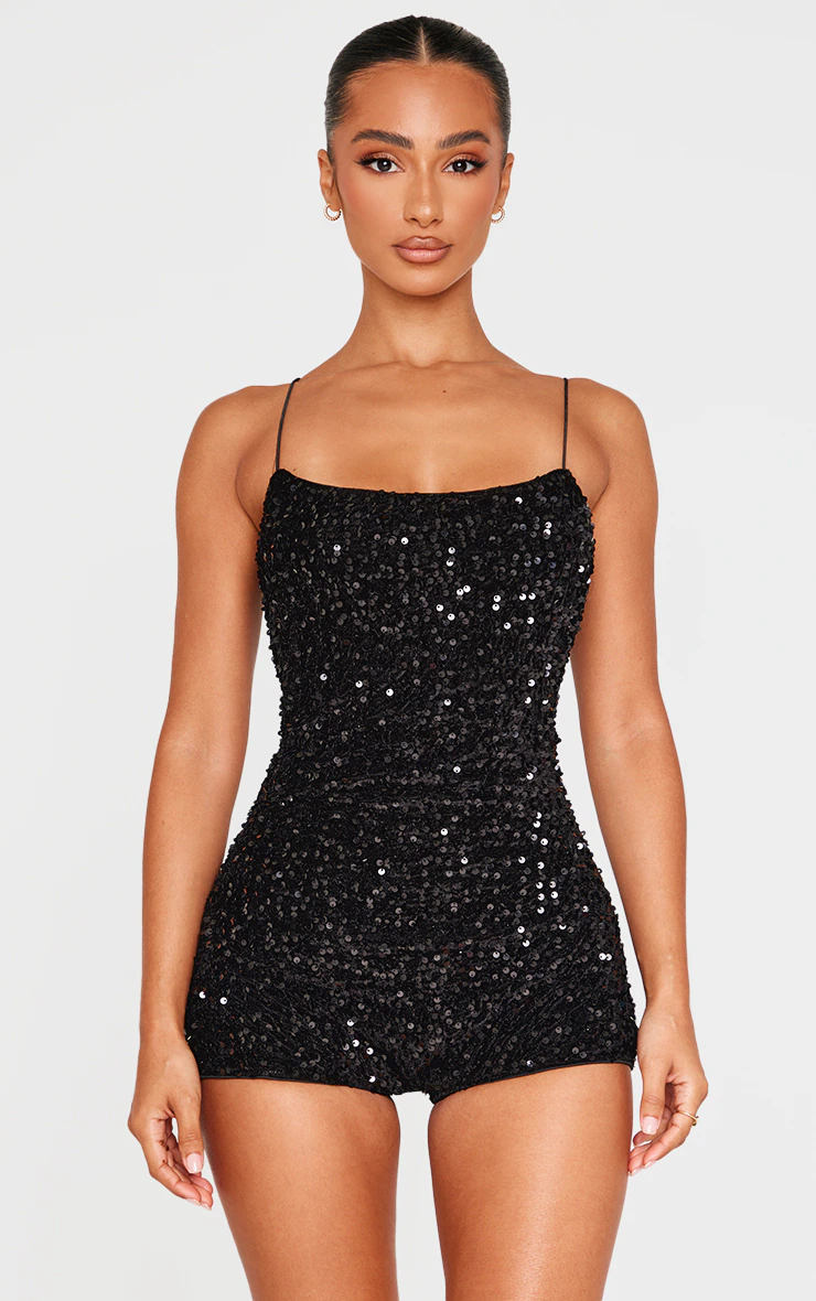 Petite Black Textured Sequin Romper