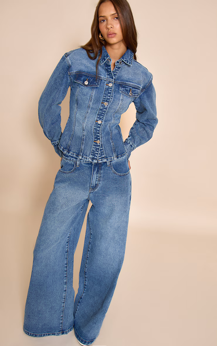 Mid Blue Wash Long Sleeve Cinch Waist Denim Jacket