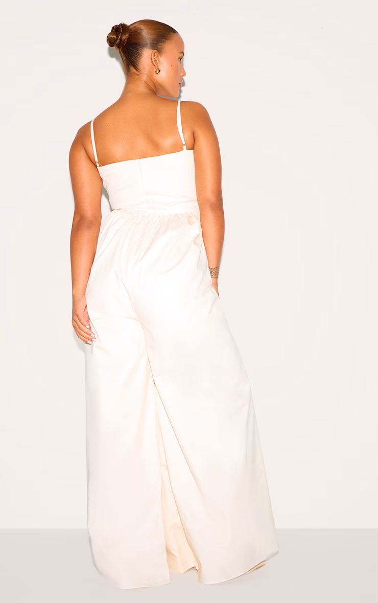 Plus Cream Premium Ruched Corset Detail Wide Leg Jumpsuit