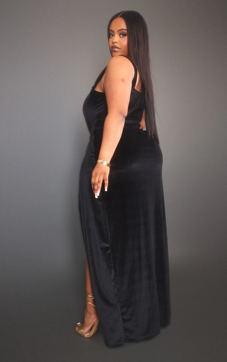 Plus Black Velvet Side Split Midi Dress