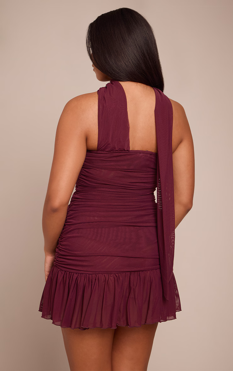 Shape Wine Mesh Scarf Detail Frill Hem Bandeau Mini Dress