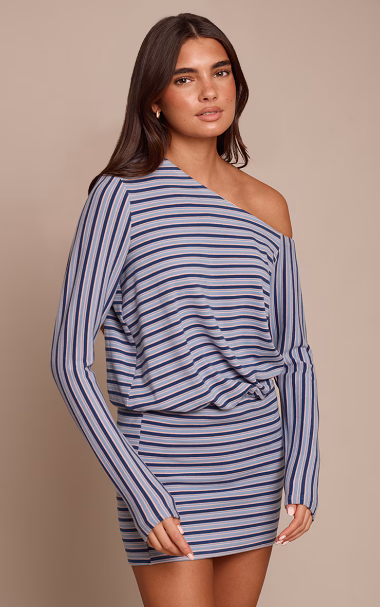 Navy Striped Asymmetric Long Sleeve Bodycon Dress