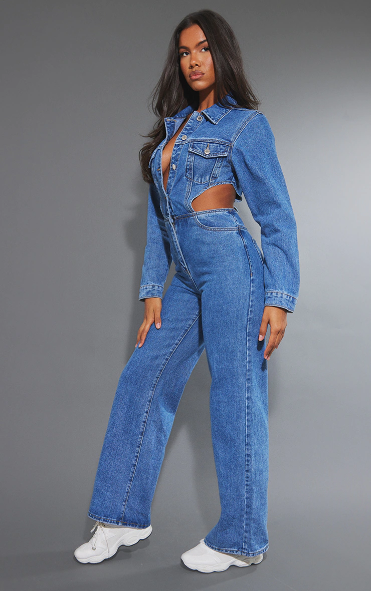 Mid Blue Wash Cut Out Waist Denim Jumpsuit