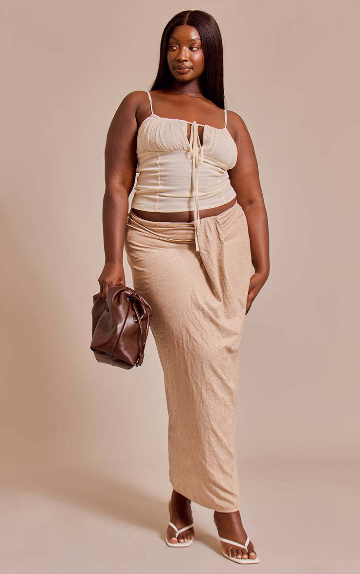 Plus Beige Peachskin Drape Front Maxi Skirt