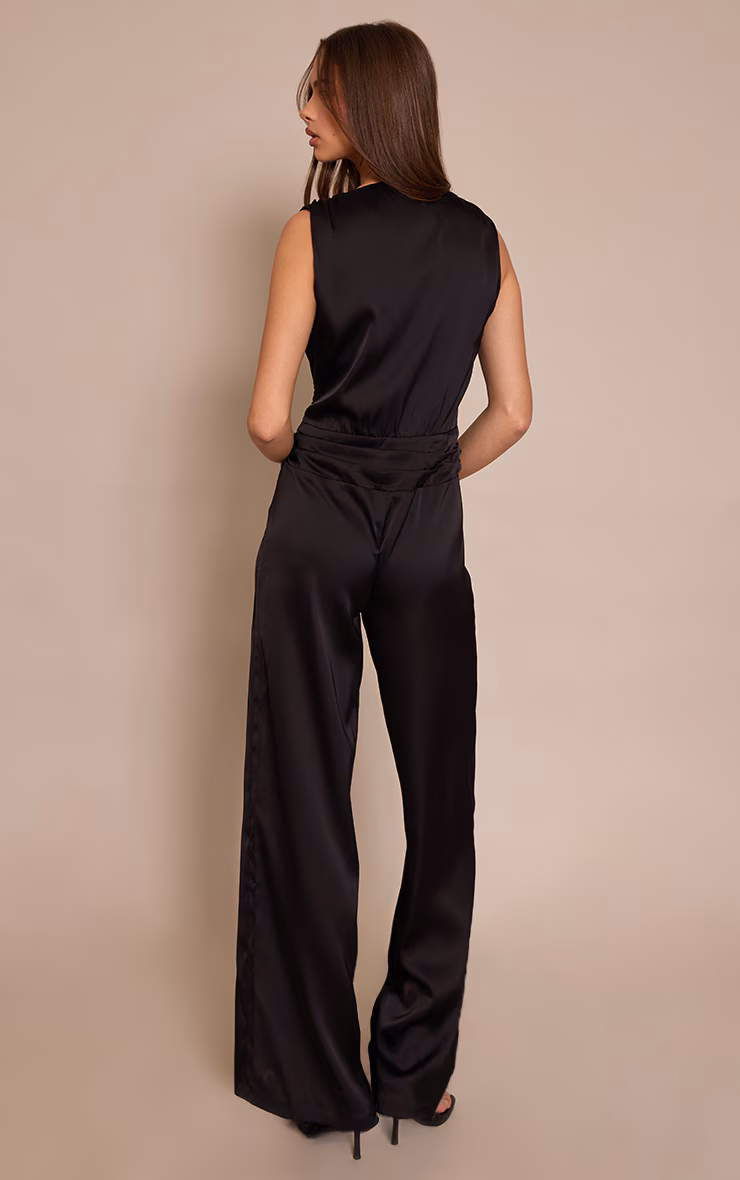 Black Satin Plunge Dropped Waist Jumpsuit