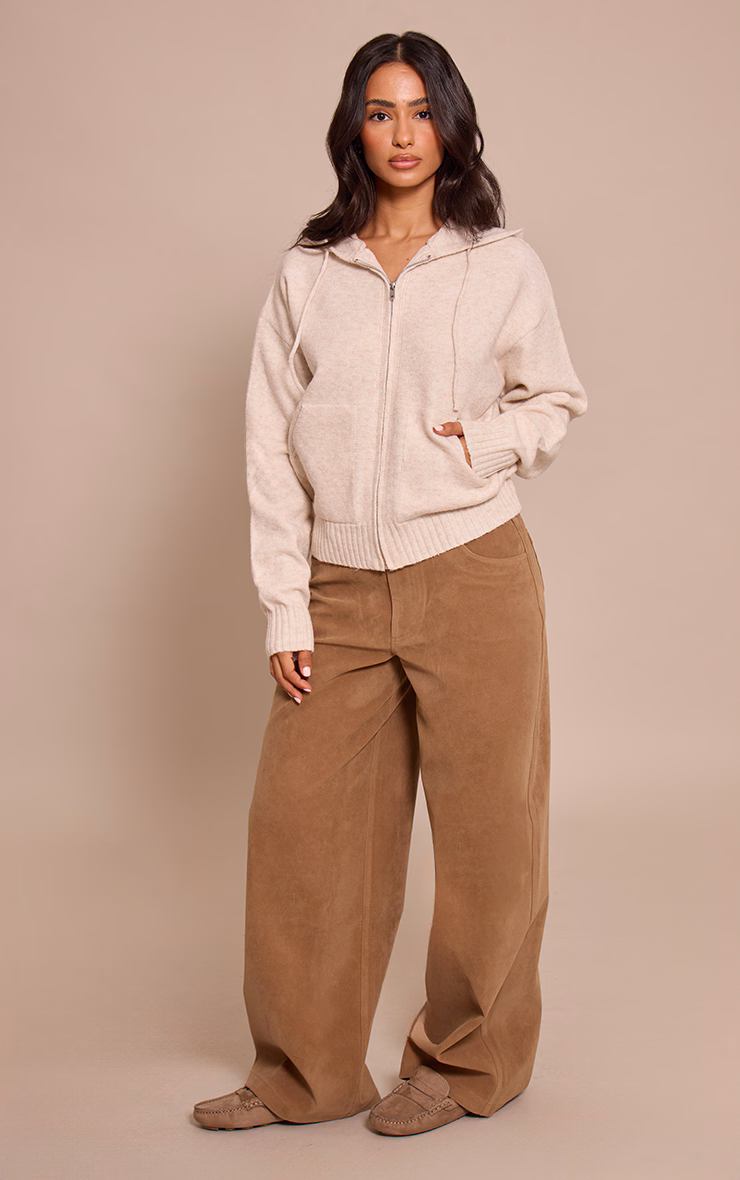 Petite Beige Zip Up Knitted Hoodie