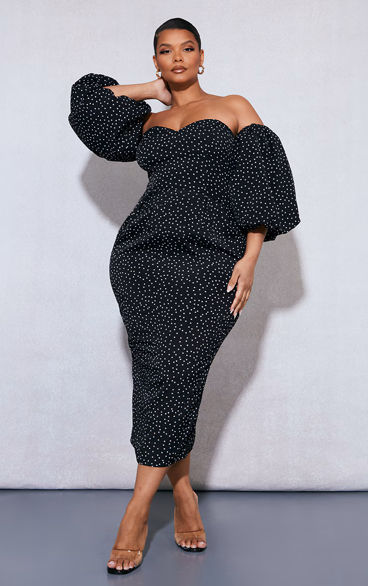 Plus Black Polka Dot Bandeau Puff Sleeve Midi Dress