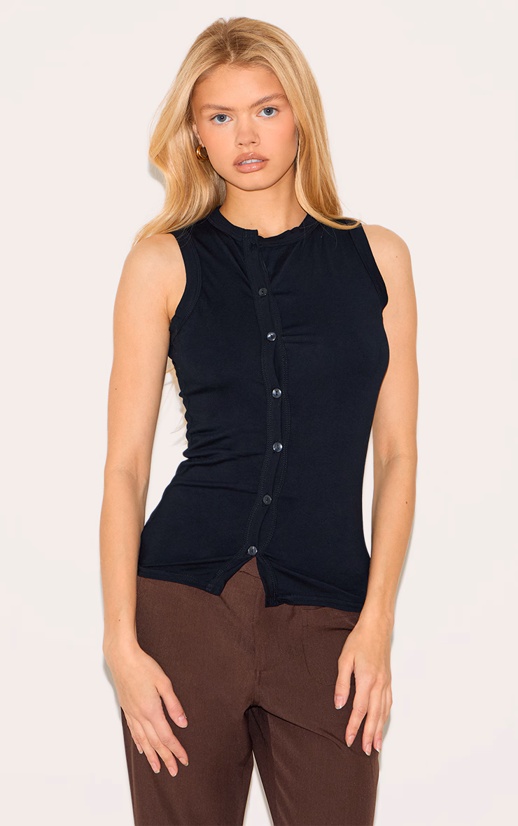 Black Cotton Asymmetric Button Down Top