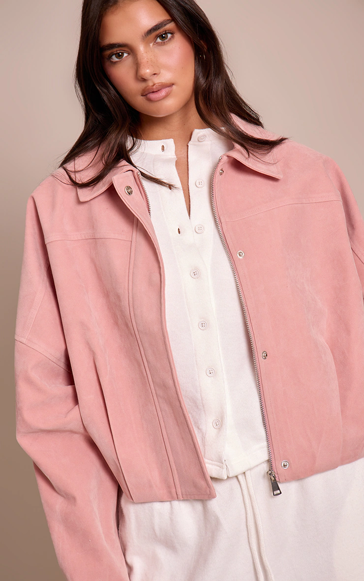 Dusty Pink Faux Suede Covered Placket Bomber Jacket